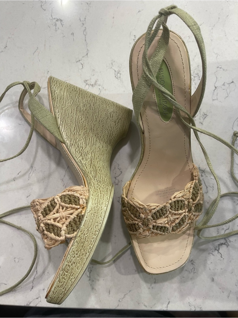 Y2K Green Lace-Up Wedge Sandals Size 9
